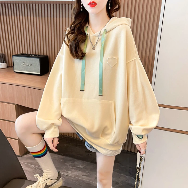 Hoodies Women Sweatshirts Loose Baggy Fake 2pecs Plus Velvet Thick Warm Drawstring Long Sleeve Solid Sweet All-match Preppy Lady