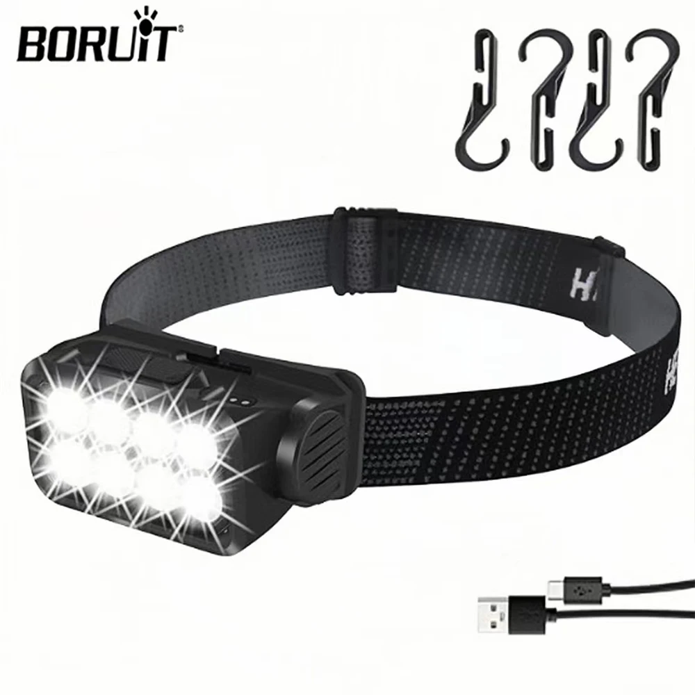 

BORUiT Rechargeable Headlamp 8*LED Sensor Headlight 18650 Battery COB Type-C Head Torch Waterproof High Power Work Camping Lamp