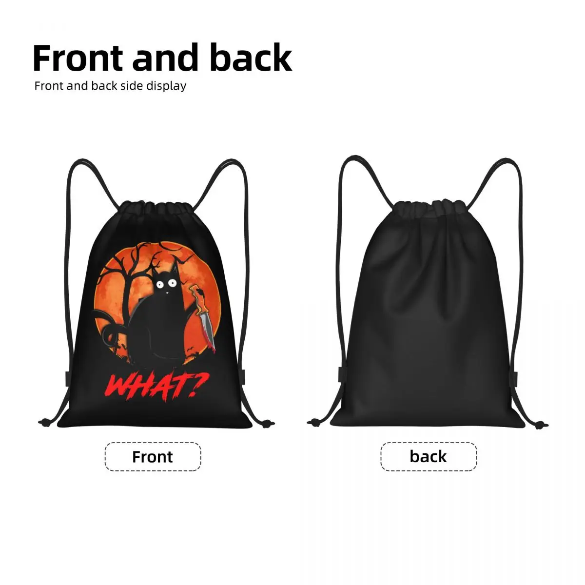 What Funny Black Cat Drawstring Bag  Portable Sports Gym Sackpack Murderous Cat With Knife Halloween Shopping Storage Backpacks