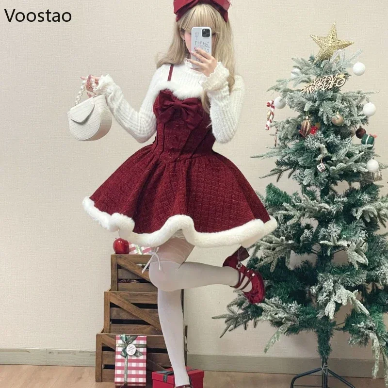 Sweet Lolita Style Dress Sets Women Elegant Bow Plush Shawl Short Jackets Mini Skirts Suit Kawaii Christmas New Year 3 Piece Set