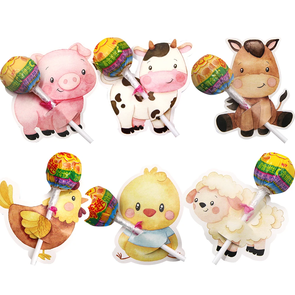 48pcs Carton Farm Animal Lollipop Cards Candy Packaging Holders For Kids Farm Aniaml Birthday Party Decoration Candy Accessories