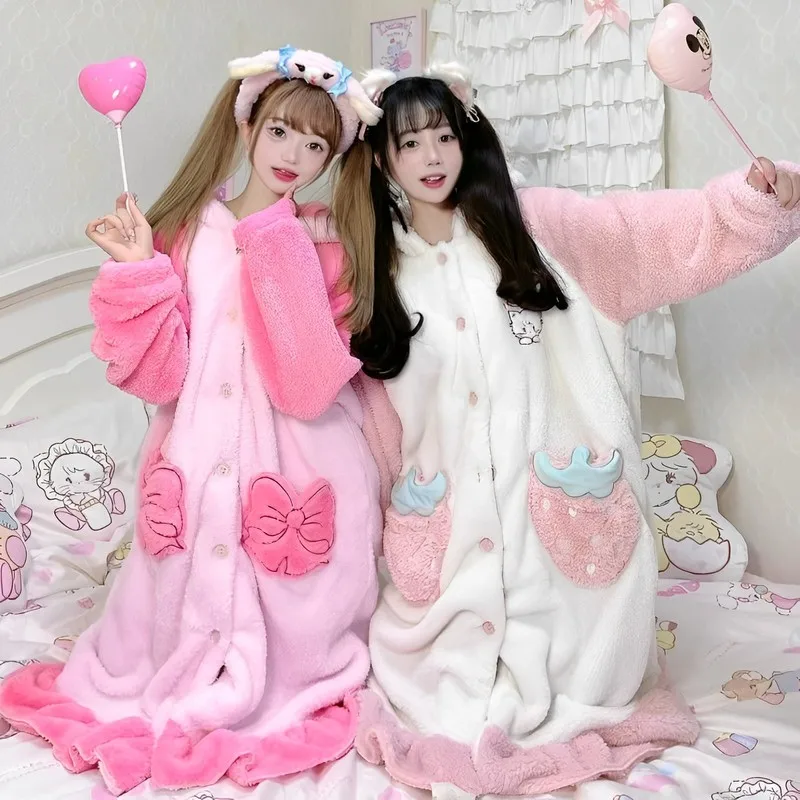 

Kawaii Mikko Girls Cute Long Sleeve Student's Female Pajamas Autumn/winter Coral Velvet Hooded Homewear Home Casual Wear