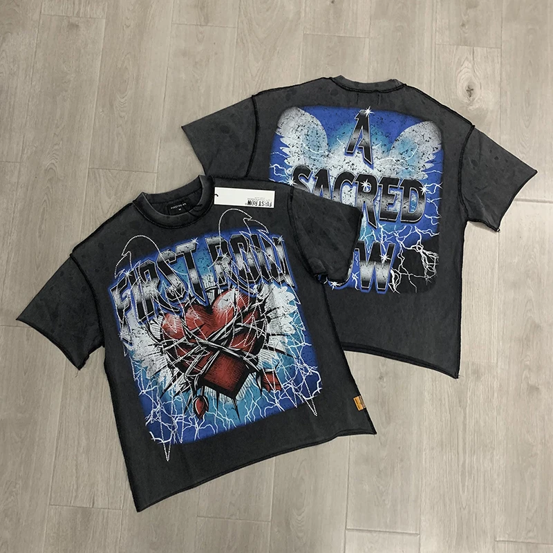 

Washed Distressed FIRST ROW T-Shirts Hot Drill Letters Mens High Quality Short Sleeves Black Washed American Streetwear Tee