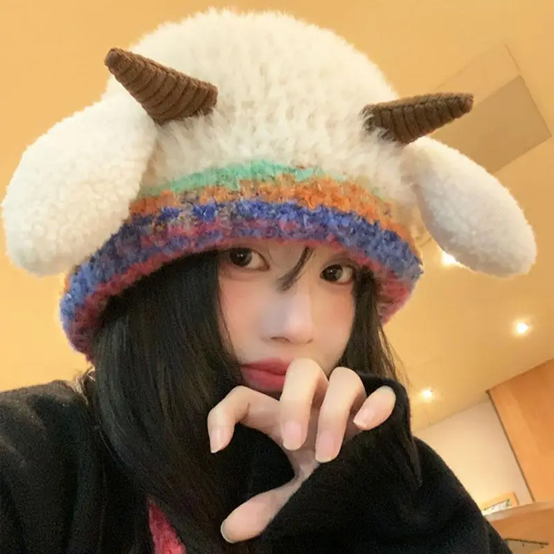 

Winter Plush Beanies Cute little Sheep Fluffy Hat Warm Lace-up Knitting Cap Women Ear Protection Bonnets Y2K Plush Pullover Hats