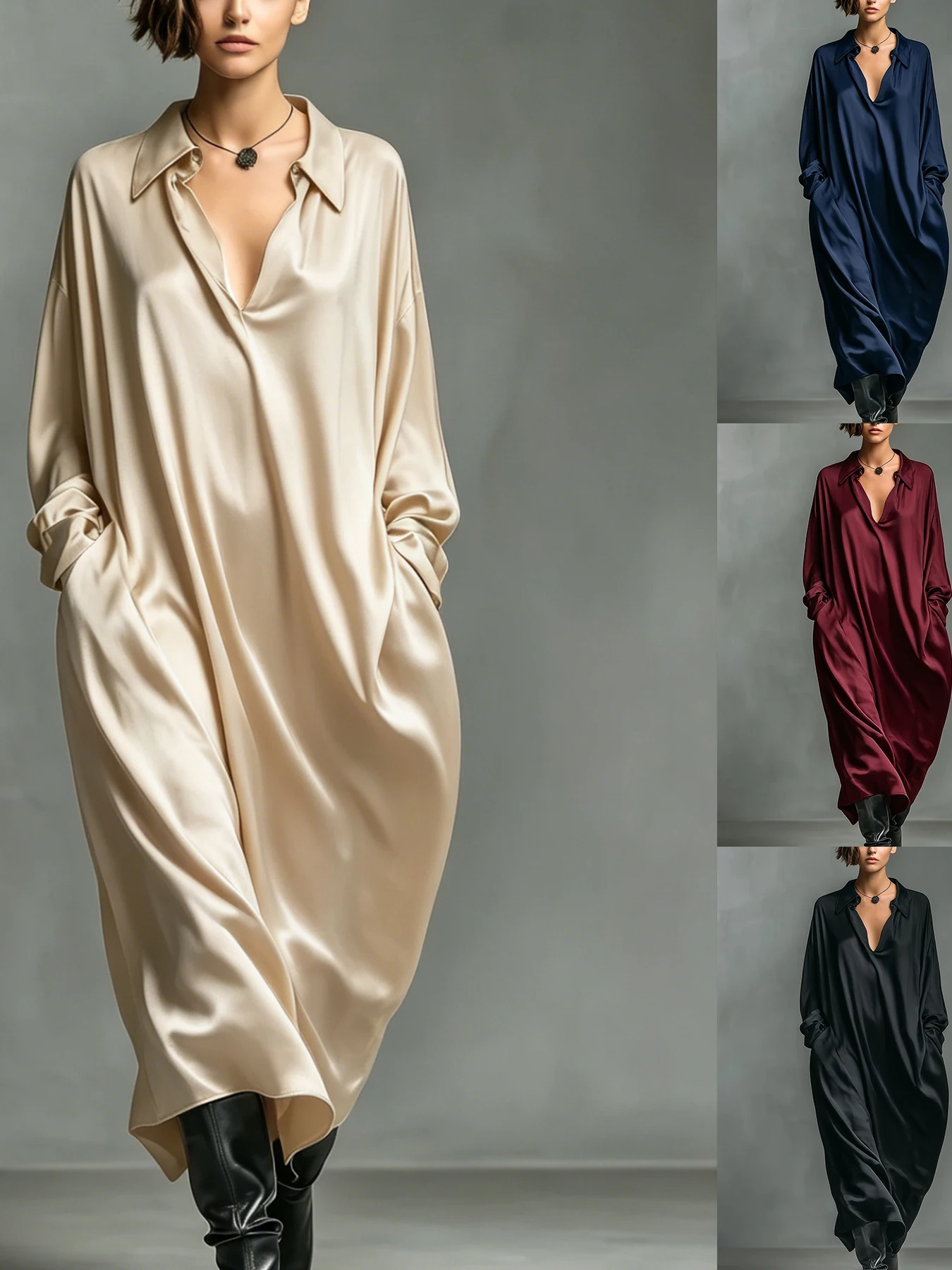 Fashionable Comfortable Pure Color Silk Long Sleeve Shirt Dress New Arrival Women's Cross-Border Clothing Straight Cut Long D...