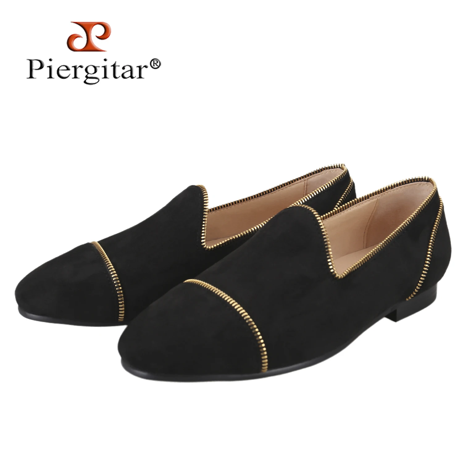 Piergitar Italian Design Black Suede With Handmade Zipper Trim Men's Loafers Classic Model Slip-On Smoking Shoes Leather Linning
