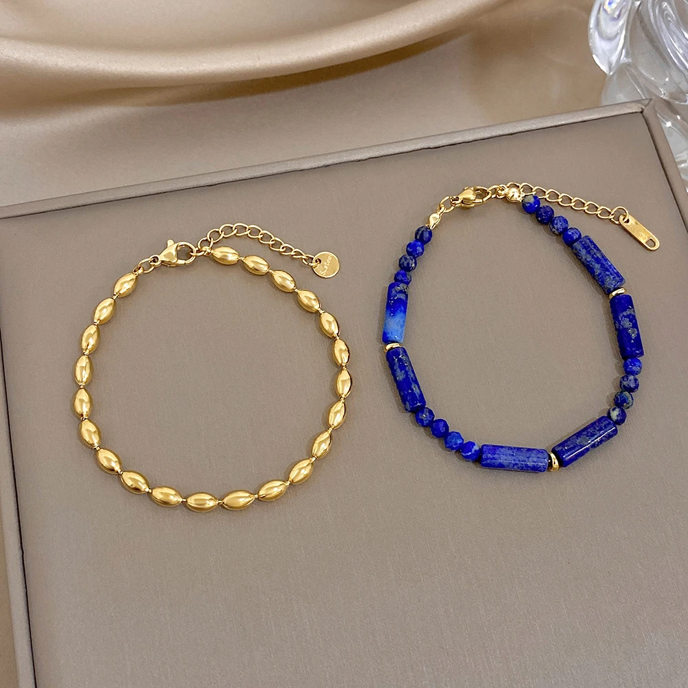 Freetry Elegant Golden Stainless Steel Beaded Bracelet Women Retro Stackable Blue Natural Stone Tube Beads Bangle Jewelry Gift