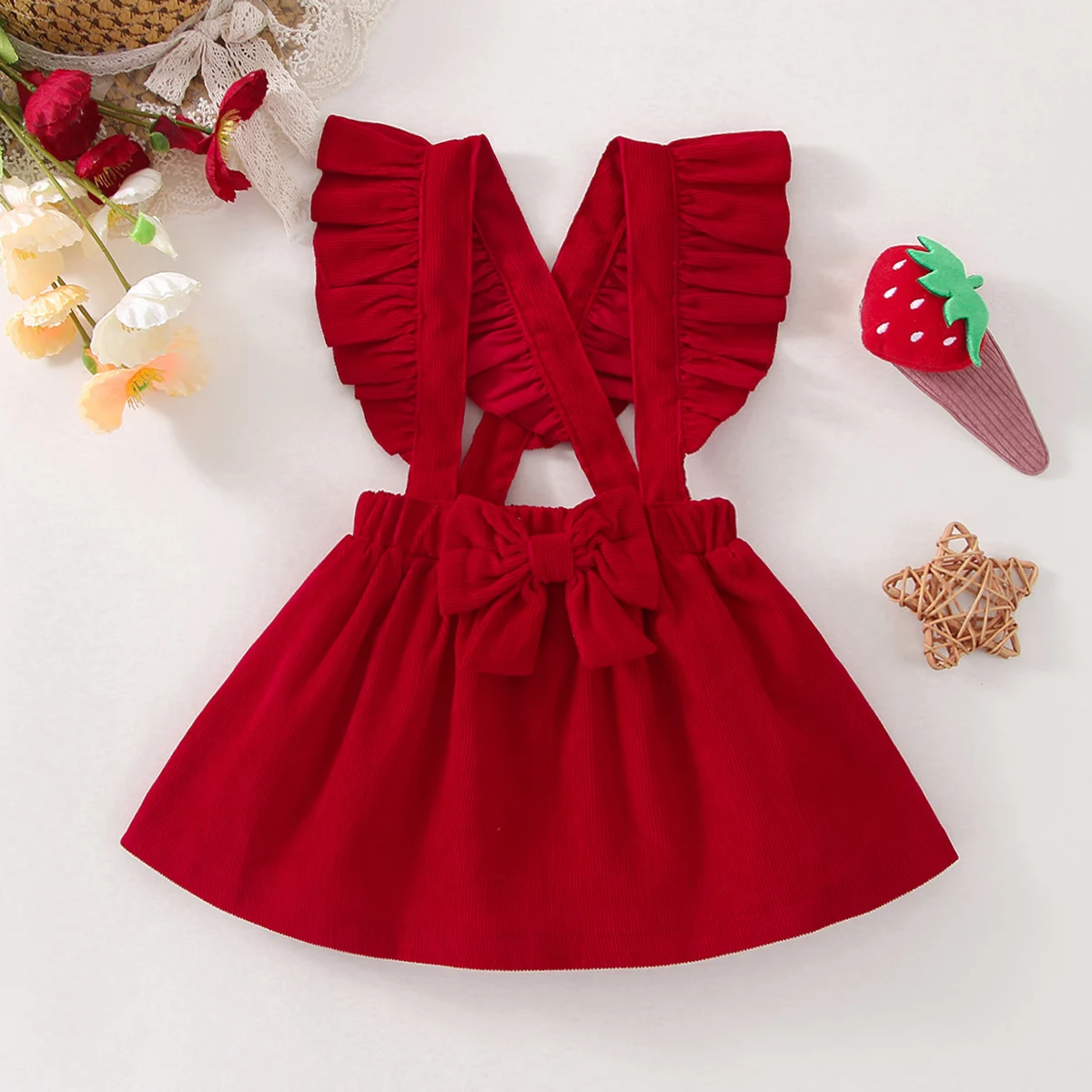 

Single piece female baby fashionable casual bow decoration solid color shoulder strap dress for spring and autumn