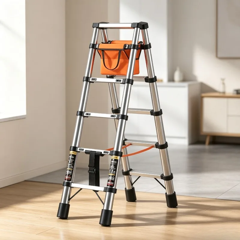 Thickened Aluminum Telescopic A-Frame Ladder,Multi-Function Folding Ladder with Wheels for Home Engineering, Portable Heavy Duty