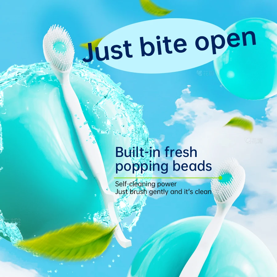 فرشاة أسنان محمولة للسفر، فرشاة أسنان صغيرة قابلة للانفجار، فرشاة أسنان لتنظيف الكبار يمكن التخلص منها، معبأة بشكل فردي
