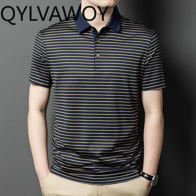 QYLVAWOY 100% Mulberry Silk Men's Polo Shirts 2025 New T Shirts for Man Lapel Short Sleeve Shirt Stripe Tops Summer Man Clothes