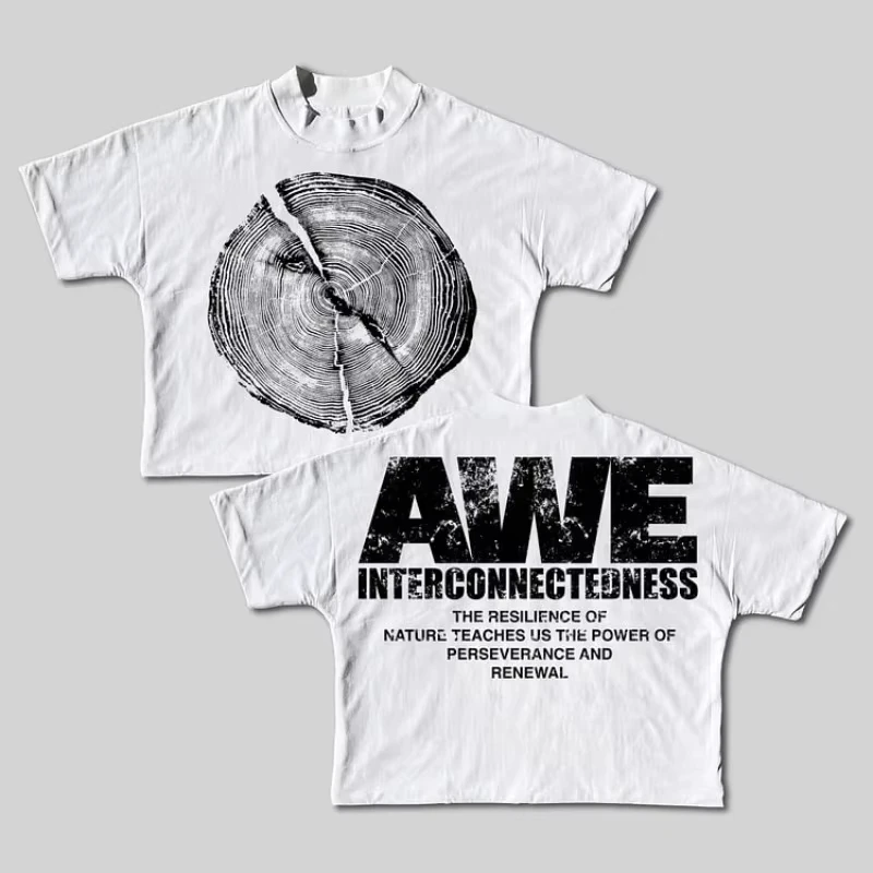 Roue d'arbre Awe of Nature rétro vieux graphiques coton recadrée T-Shirt hommes Y2K manches courtes surdimensionné T-Shirt chemises de rue