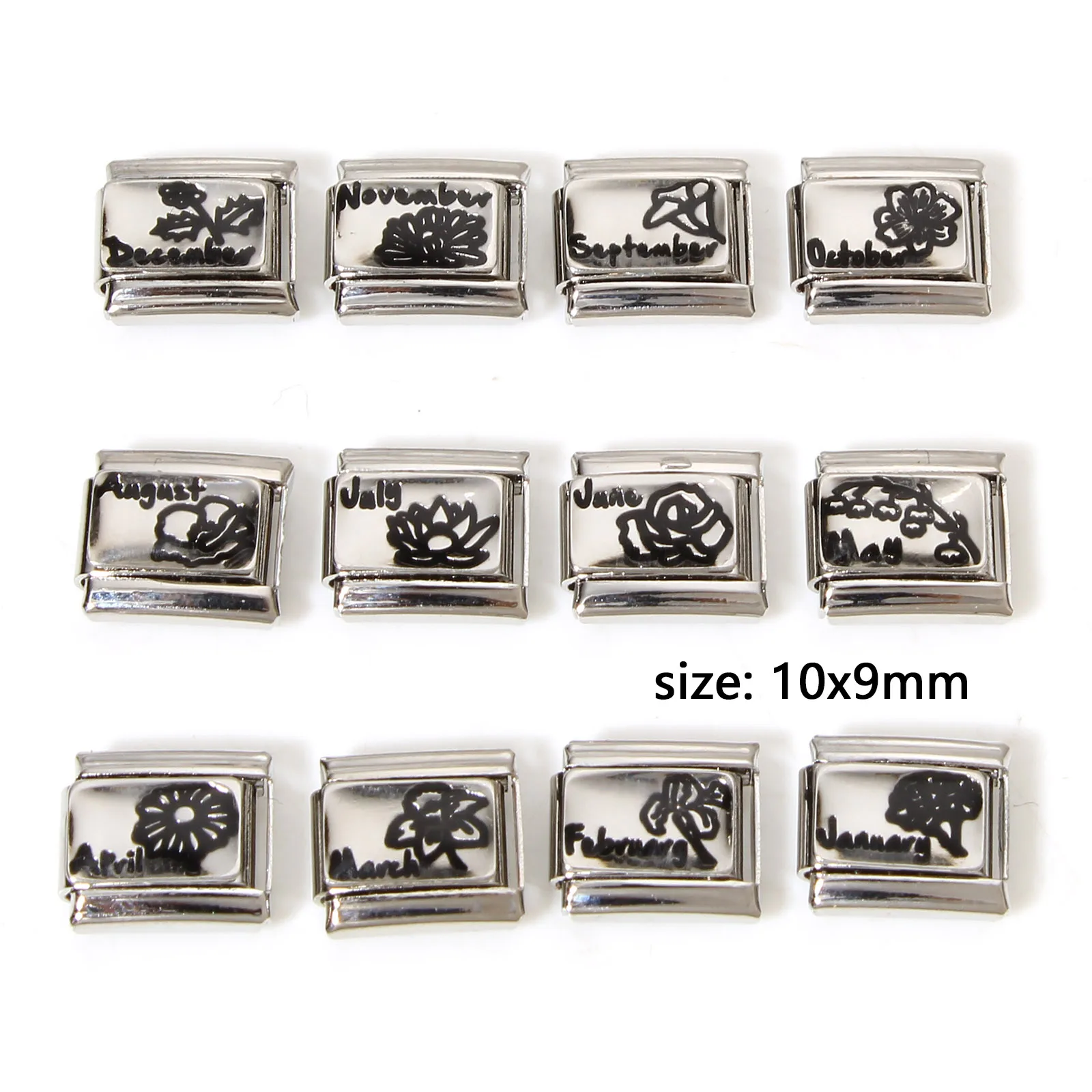 1pc 304 Stainless Steel Birth Month Flower Rectangle Italian Charm Links Silver Color For DIY Bracelet Jewelry Making 10mm x 9mm