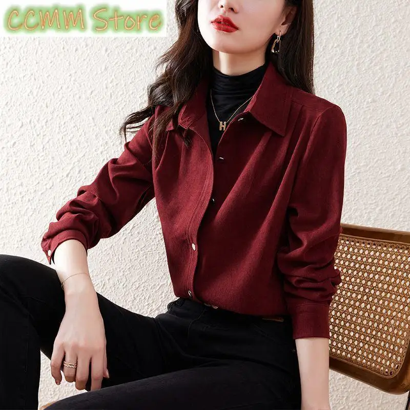 

Fashion Lapel Button Solid Color All-match Shirt Women's Clothing Autumn New Loose Casual Tops Office Lady Blouse