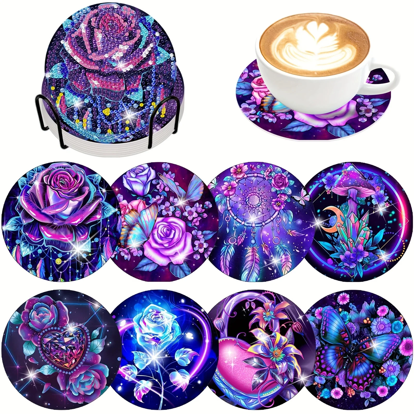 8 dazzling floral  painting coasters with brackets, DIY  art coaster set, suitable for beginner art and craft supplies