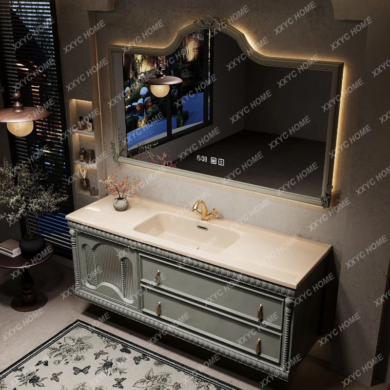 

Ретро-тумба для ванной комнаты с керамической интегрированной раковиной и комбинированным умывальником из каменной плиты