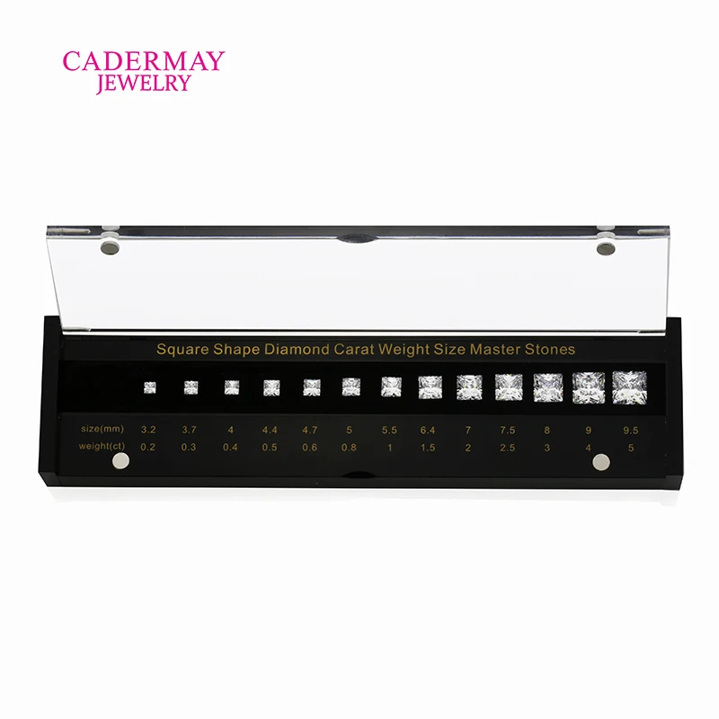 Cadermay 6A Cubic Zircon 0.2ct-5ct Square Princess Shape Diamond Carat Weight Size Set Compare Size Diamond Master Stones Set