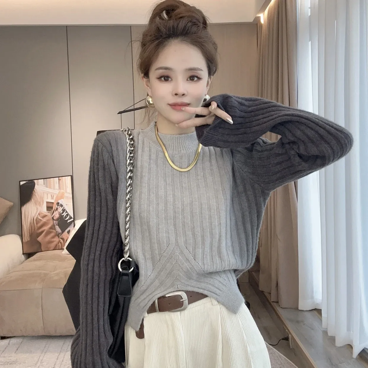 

2024 Women's Wool Sweaters Round Neck Long Sleeves Pullovers Patchwork Female Autumn Winter Wear Tops Fashion Clothing M121