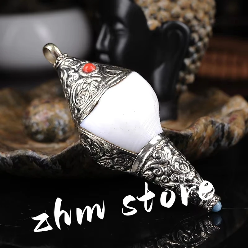 

7.8*2.5cm Buddhist Suppliers Tibetan Nepal Handmade Eight Ausplicious Offerings Big Pearls Lucky Tailsman Conch Pendant
