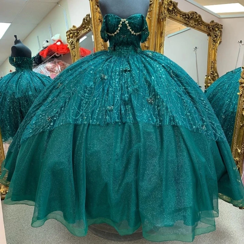 

Emerald Green Shiny Quinceanera Dresses Ball Gown Off the Shoulder Appliques Bow Beaded Mexican Sweet 16 Dresses 15 Anos