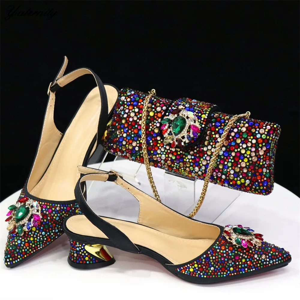 

2024 New Arrival Italian Crystal Woman Shoes And Bag Set African Summer High Heels Sandal Shoes And Bag For Wedding Dress