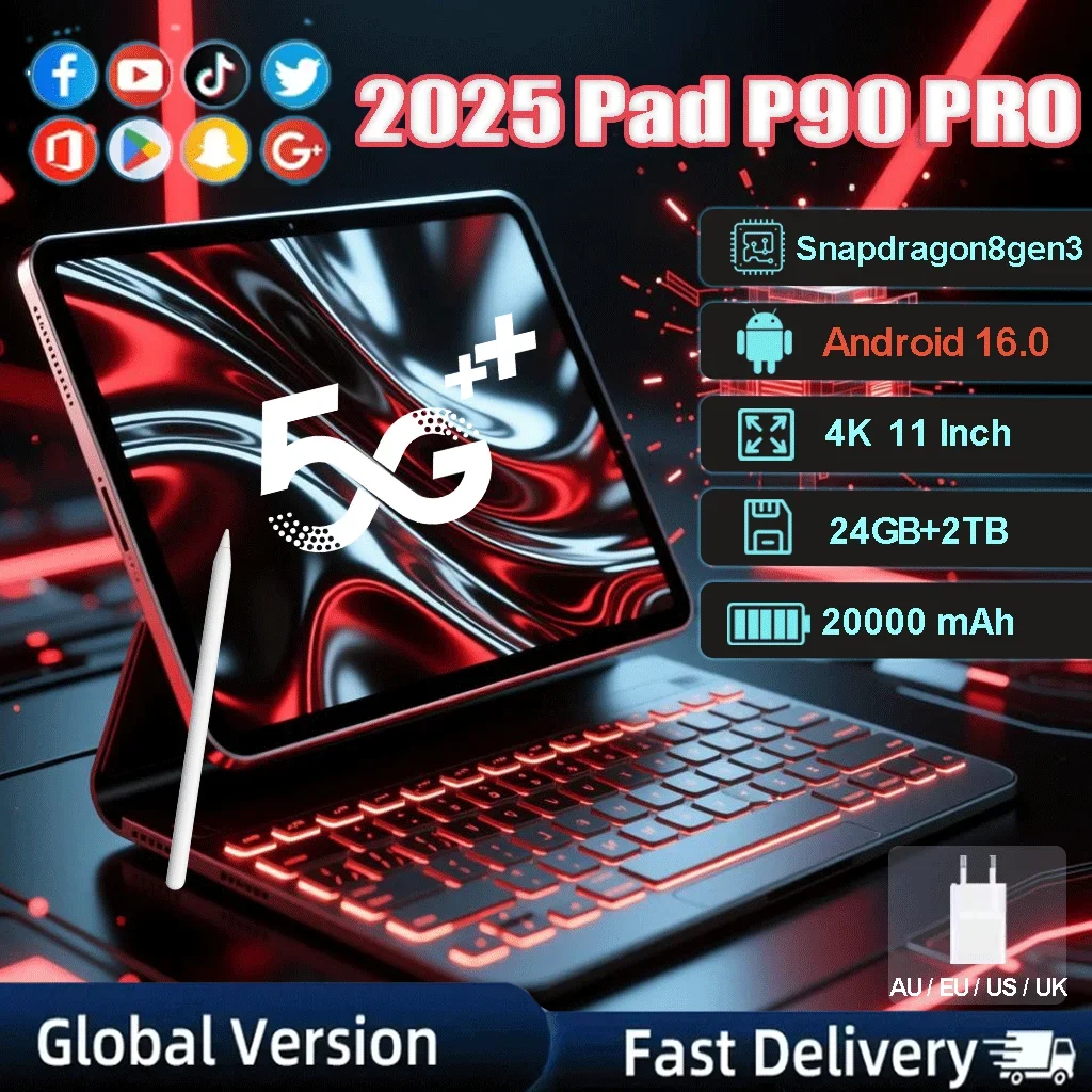 تابلت جديد 2025 P90 Pro مقاس 11 بوصة و24 جيجابايت + 2 تيرا بايت أندرويد 16 سنابدراجون 8gen3 تابلت للتعرف على الوجه 20000 مللي أمبير في الساعة 5G بشريحتين