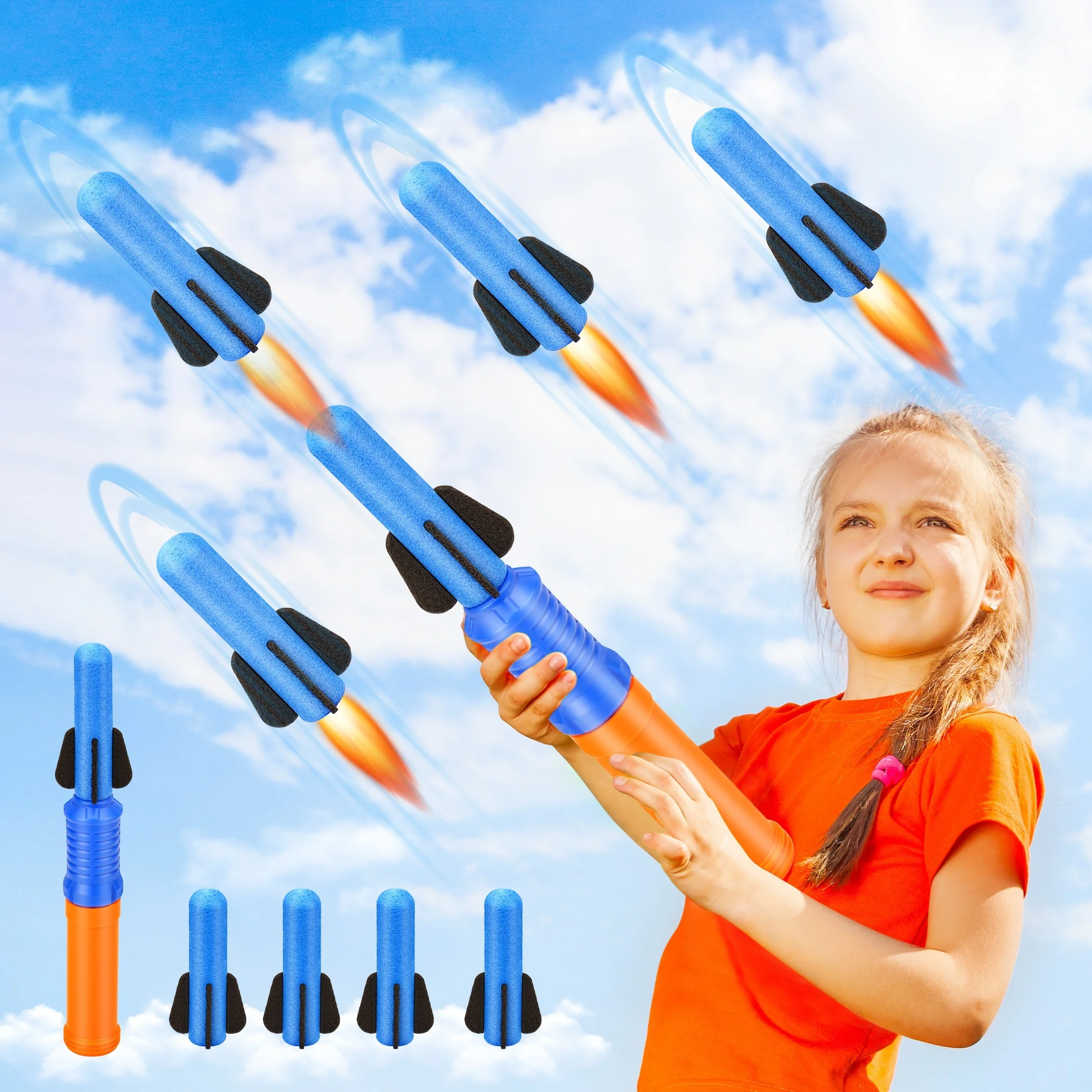 5pcs Handheld Rocket Launcher Toy with 4pcs Foam Launches, Launches Up to 50 Feet, Fun Outdoor Toys for Boys & Girls Gifts