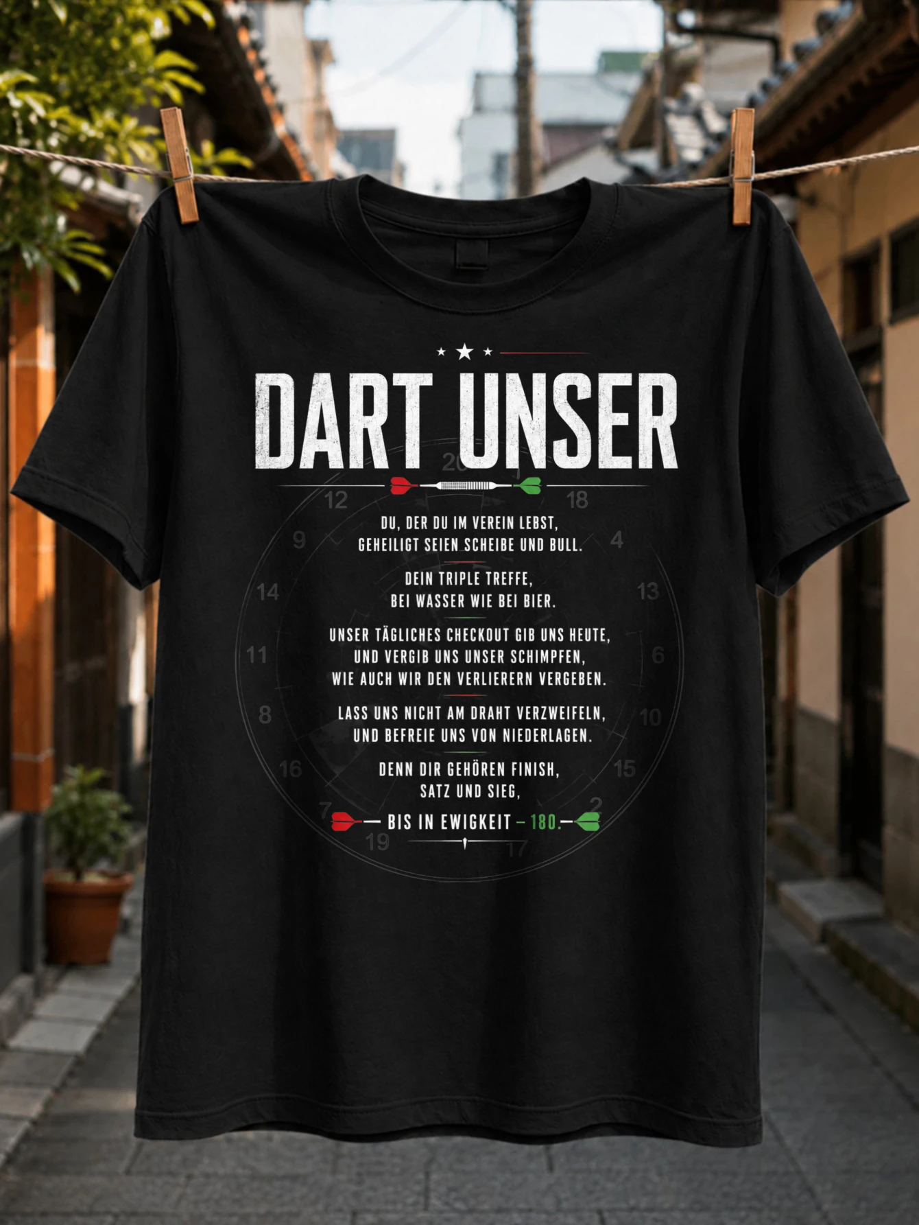 Dart Unser German prayer style text dartboard numbers red green darts and distressed type  Tee  Unisex All T-Shirt