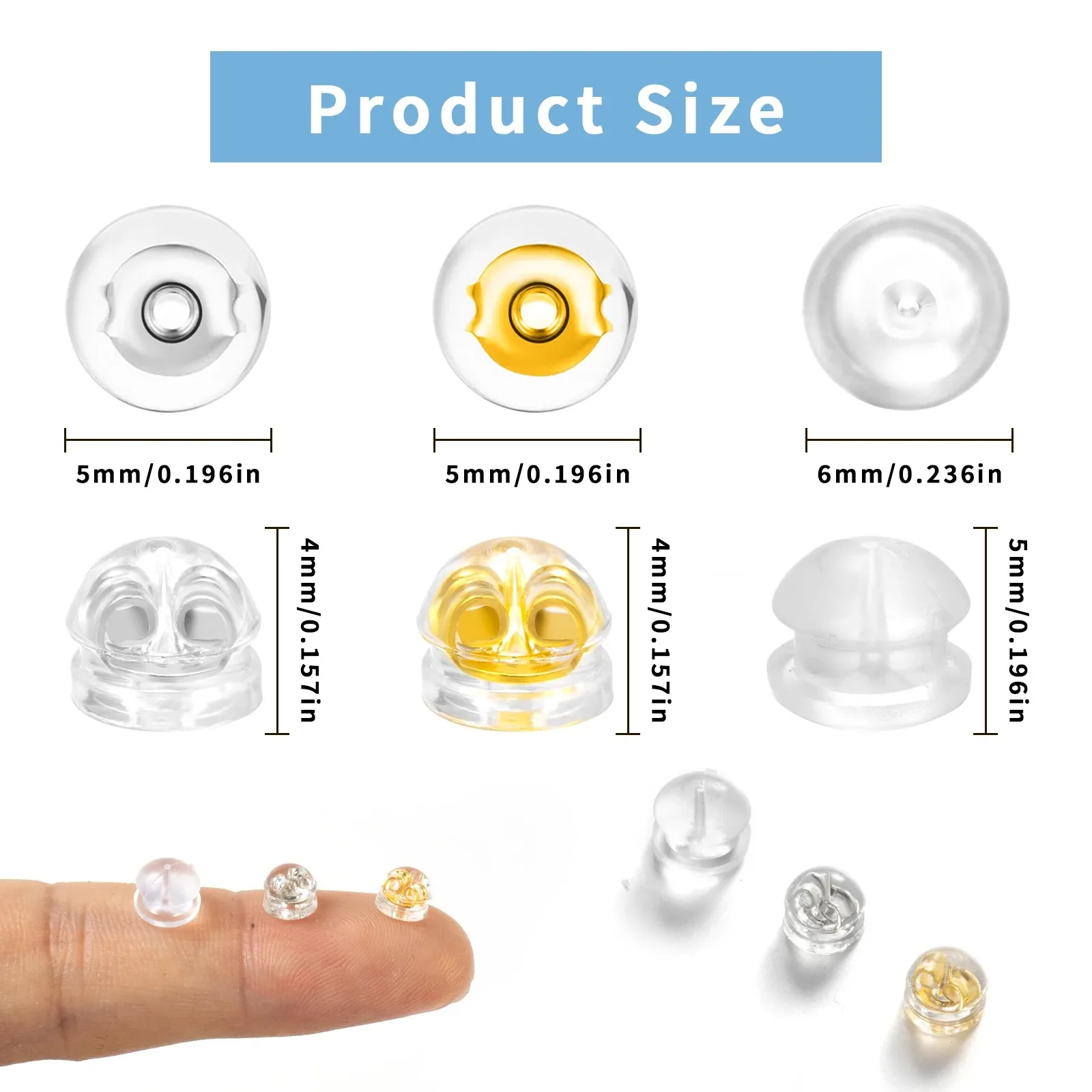 50Pcs Professional Earring Security Set - Mixed Clear/Gold/Silver Backs + Dome Stoppers w/Metal Insert | Non-Slip & Case Include