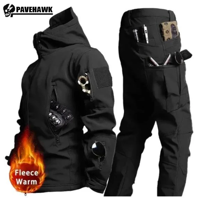 Winter Thicken Men Camo Suit Waterproof Tactical Training Set Multi-pocket Hooded Jacket Fleece Pants Outdoor Hunting 2-piece