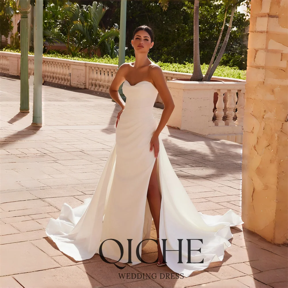 QICHE-Vestidos De novia De sirena sin mangas, De lujo, con cuello en V, con tren, abertura larga, espalda abierta, personalizado
