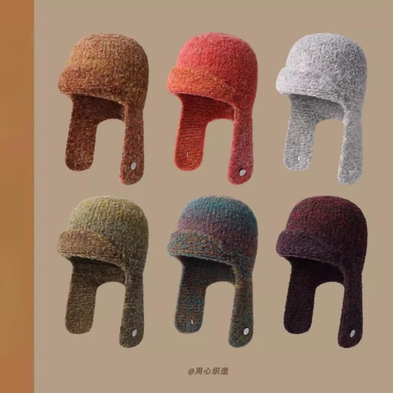 Korean Gradual Change of Color Knitting Trend Pilot Hat Men and Women Autumn and Winter Warm Ear Protection Bomber Beanie Cap