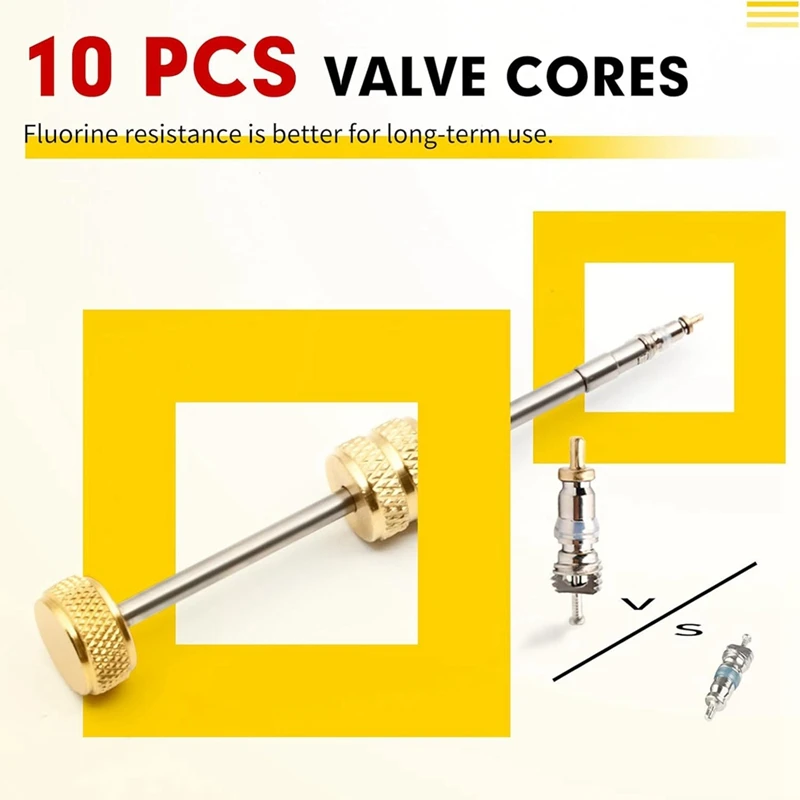 Valve Core Remover Tool With Dual Size SAE 1/4 & 5/16 Port, 10PCS Valve Cores With Seal And 3PCS Brass Nuts