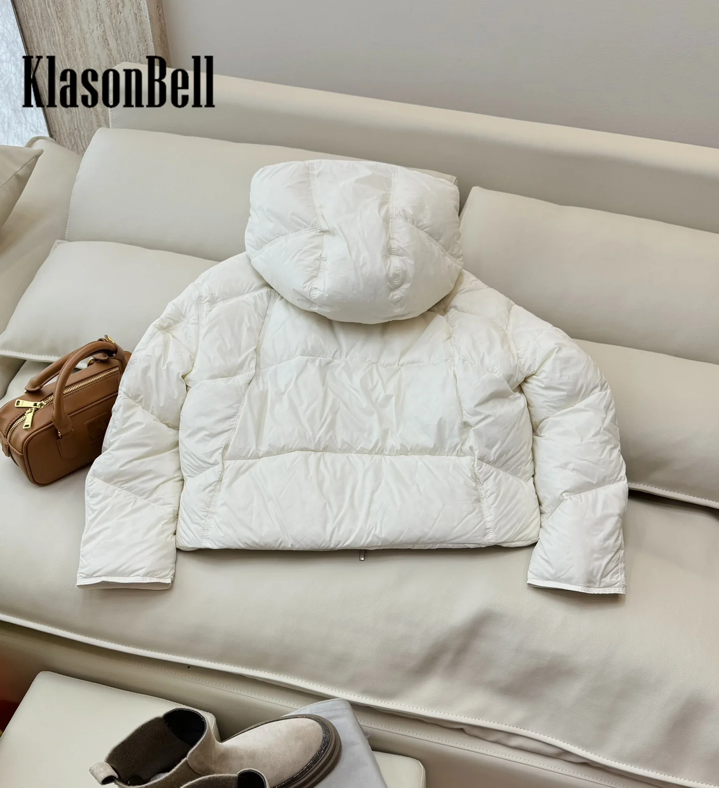 8.28 KlasonBell-Women Fashion Hooded White Goose Down Short Jacket Adjustable Drawstring Design Loose All-matches Down Coat