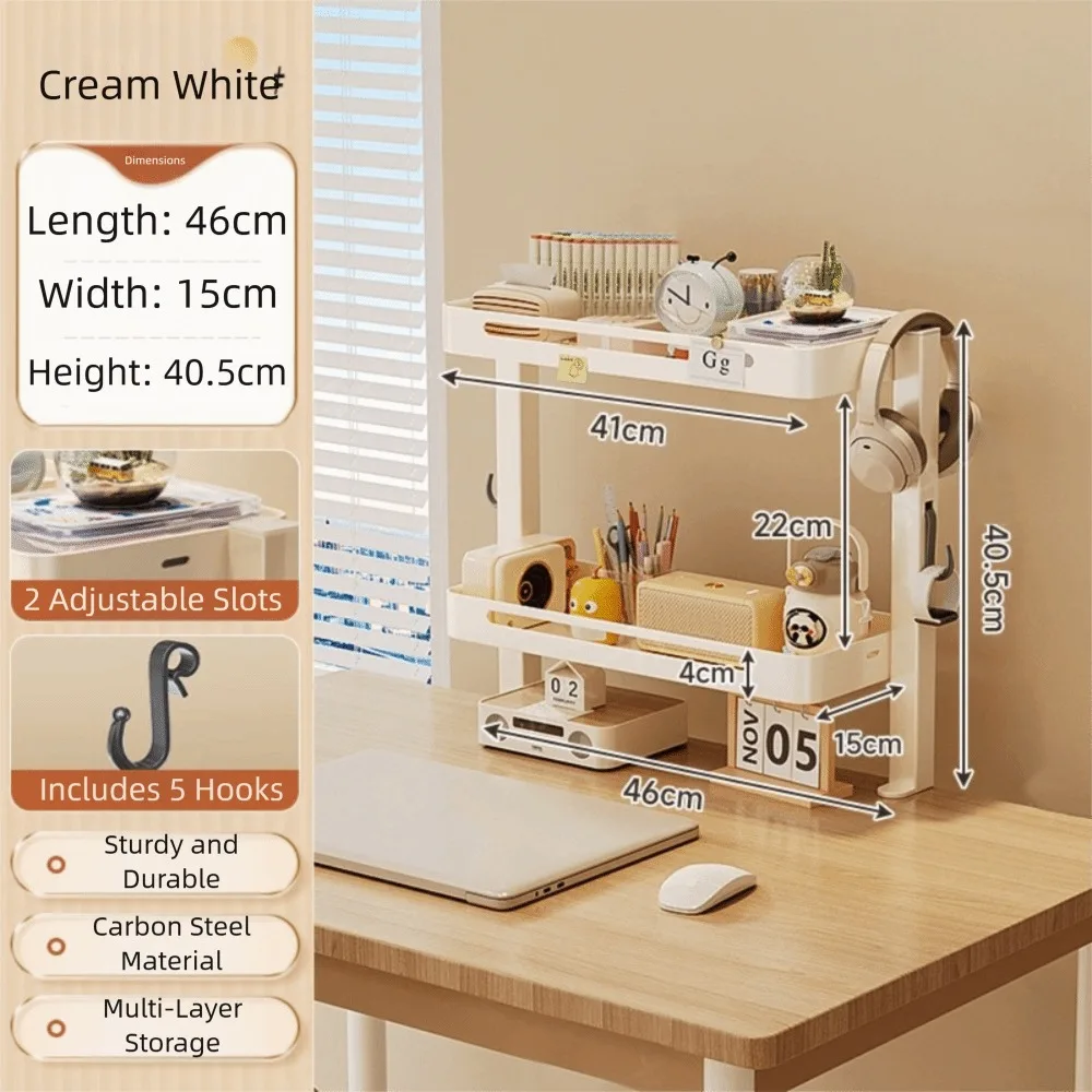 

Carbon Steel Countertop Shelf 2 Tiers Clamp-On Desk Stand No Drill High Load-Bearing Office Desk Storage Rack Space Saving