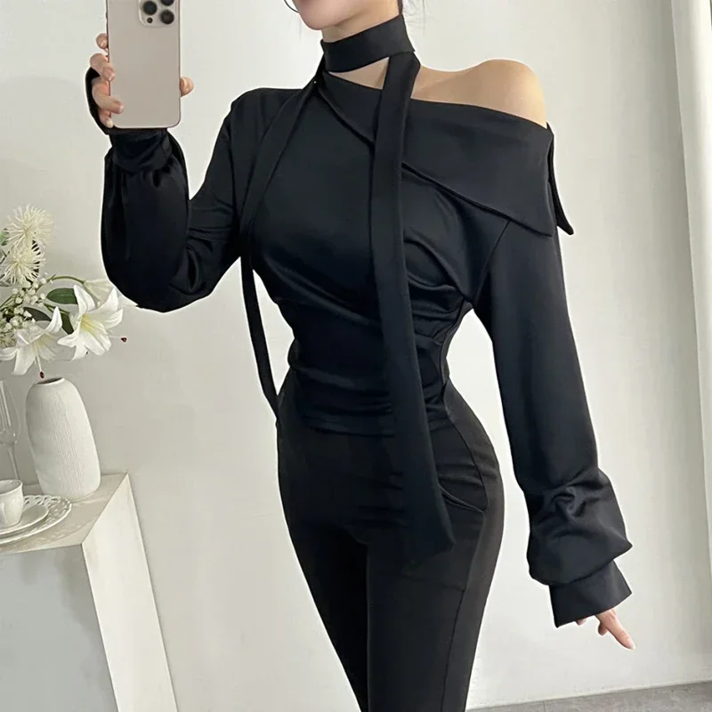 Skew Collar Halter Woman Shirts & Blouses Off Shoulder Long Sleeve Blusas Mujer 2024 Ropa Autumn New Camisas Ruched Blusa