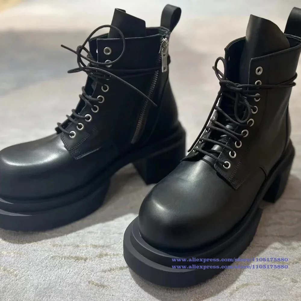 Thick-Soled Men's Boots Black Leather Round Toe Side Zipper Booties Trendy Luxury Designer Handmade Men's Shoes Botas Mujer