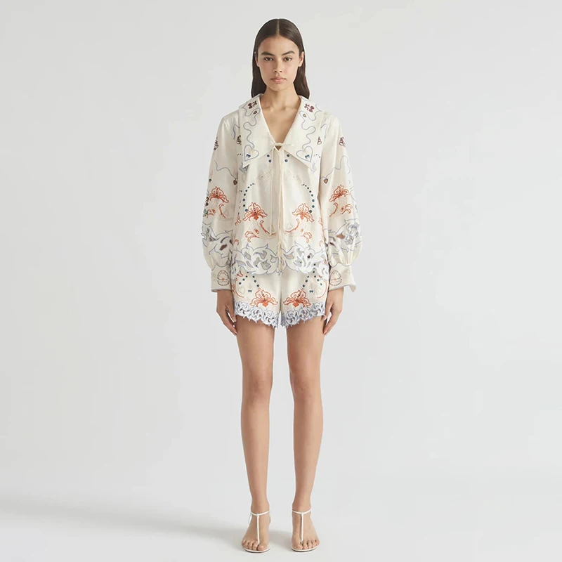 

Spring Summer New Style White Flower Bridge Flower Embroidery Hollow out Shirt Shorts Long Skirt Set Women's Fashion Ensemble