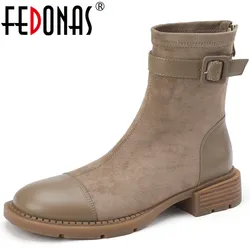 FEDONAS 2025 tacchi bassi donna stivaletti autunno inverno ufficio donna Casual conciso in vera pelle Splicing fibbia scarpe donna