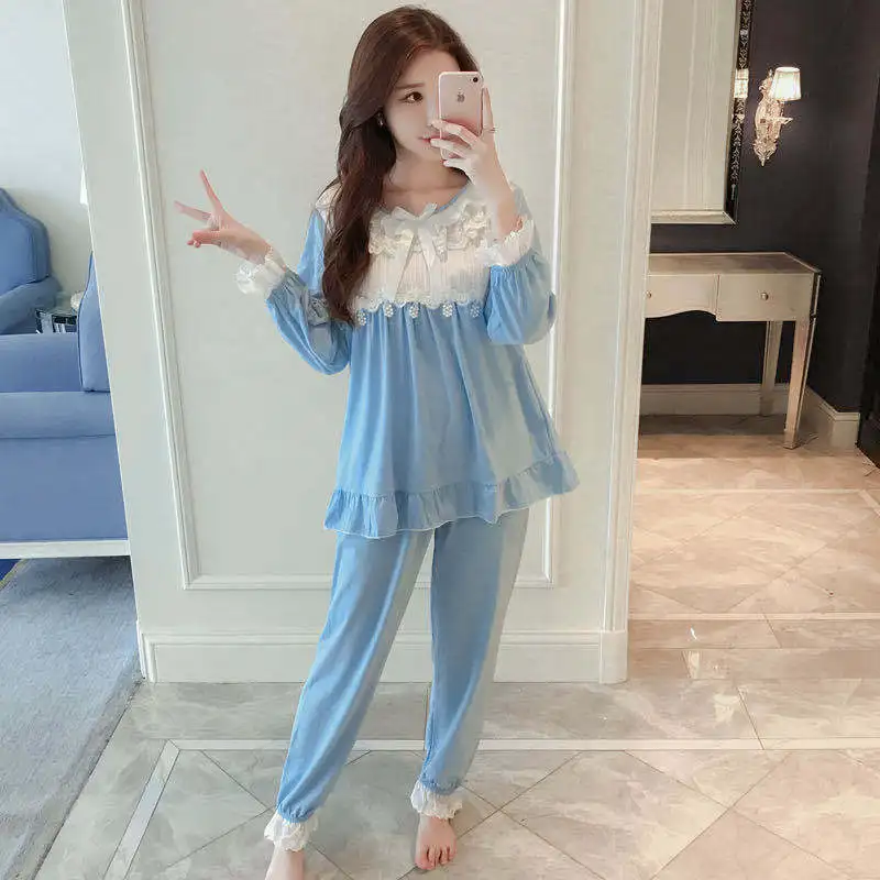 Conjuntos de pijama de renda Kawaii feminino, pijamas de manga comprida, roupa caseira solta chique coreana, roupa Kawaii feminina