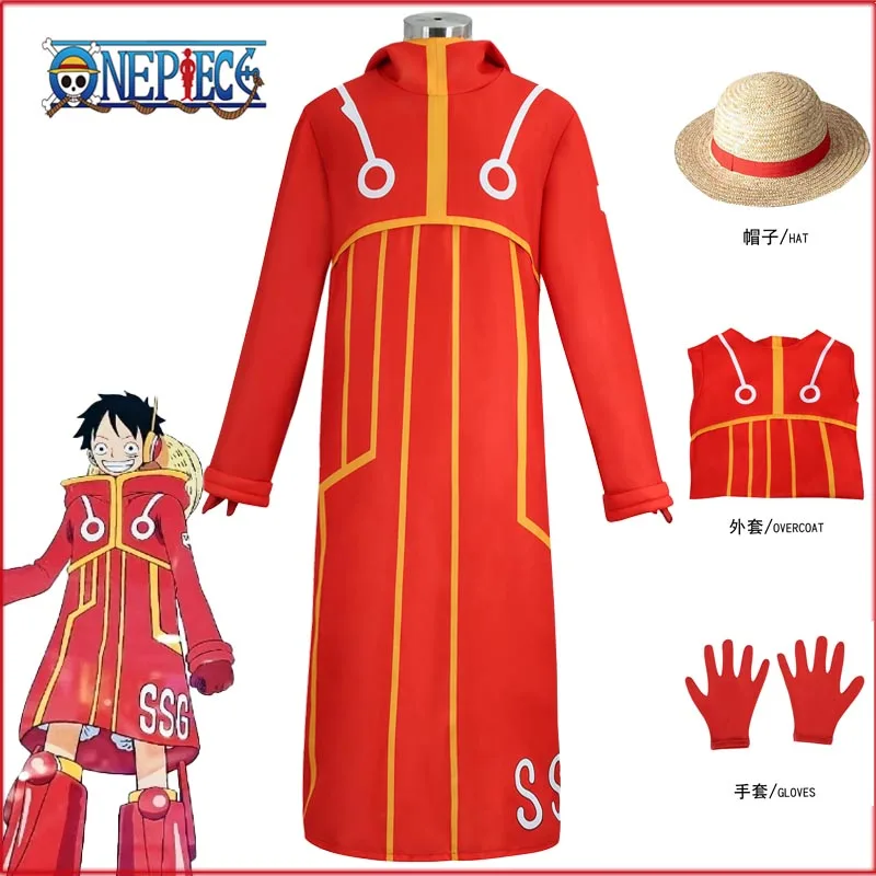 Anime Egghead Island Monkey D rufy Costume Cosplay One Piece Red Robe Claok Outfit con cappello guanti Halloween Carnival Suit Men