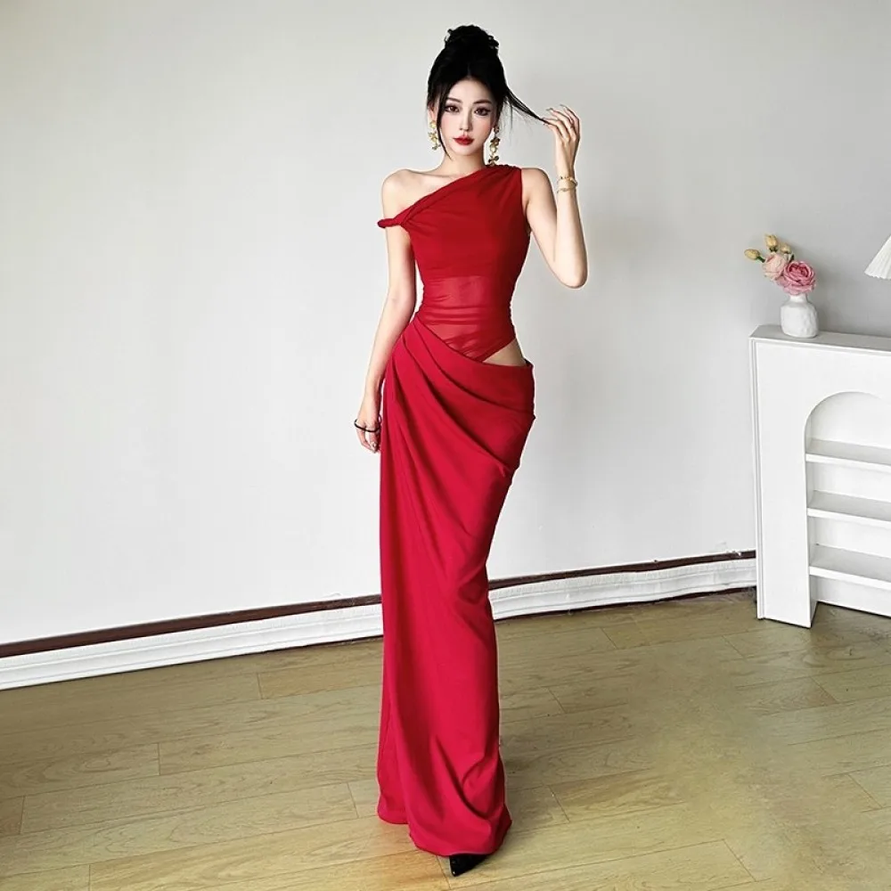 SylCue Sexy See Through Maxi Dress Women Irregular Skew Collar Hollow Solid Skinny Midnight Fashion Prom Party Elegant Vestidos