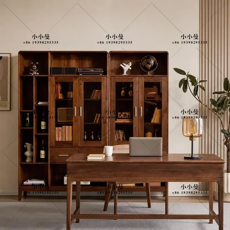 Nordic Solid Wood Bookcase with Glass Door North American Black Walnut Shelf Combination Whole Wall Display Multi Layer
