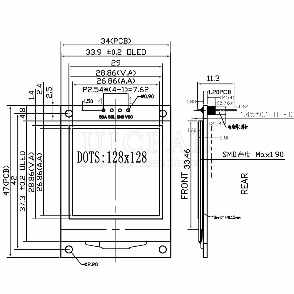 Imagem -02 - Módulo de Oled Lcd com Visor Branco Cog I2c Iic 128x128 Pontos Chip de Driver Sh1107 4pin 3v5v 15