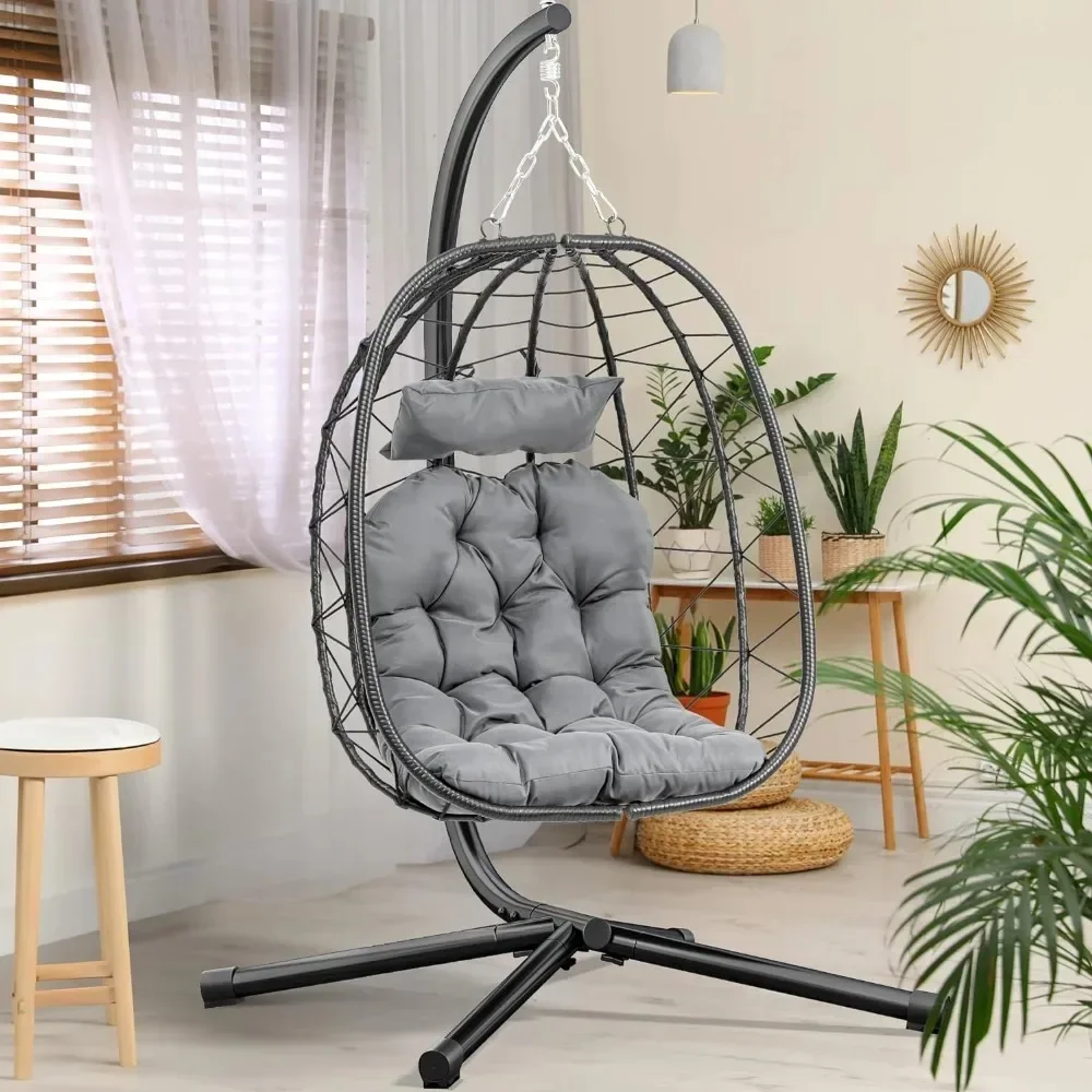 Hanging Egg Chair with Stand Swing Chair, Wicker Indoor Outdoor Egg Chair with Cushions,330lbs for Patio, Garden and Balcony