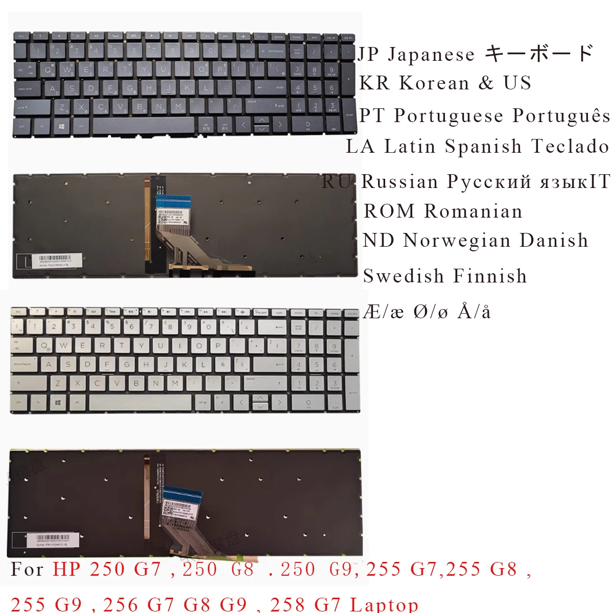 Nuevo teclado japonés coreano latino nórdico noruego danés SD FI portugués ruso para HP 250 255 256 G7 G8 G9, 258 G7 retroiluminado