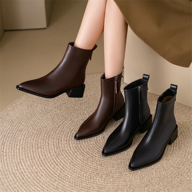 New Autumn Winter Cow Leather Women Boots Fashion Pointed Toe Knight Boots for Women Short Boots Women Chunky Heel Botas Mujer