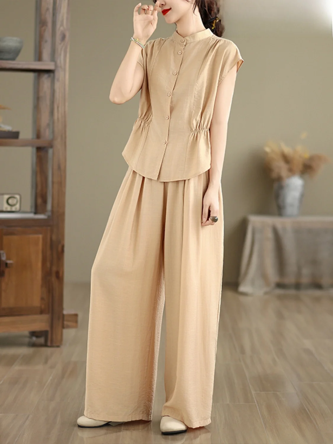 

Faionable Cotton Linen Long Pants Set Women's ort Sve irt Two Piece Set Summer Floor Length Wide Leg Pants Ensemble