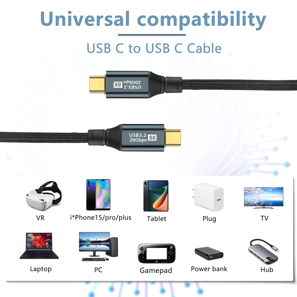 3.2 USB typ-C Gen2 20Gbps 8K @ 60Hz kabel wideo do laptopa TV PC, kabel PD 100W USB C do macbooka iPad 15 Pro Max