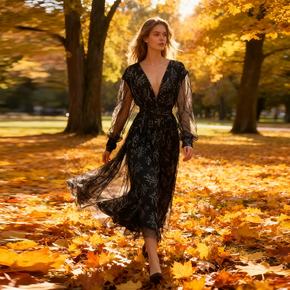 فستان سهرة أنيق جديد برقبة على شكل حرف v طويل 2025 فاخر للنساء بأكمام طويلة لحفلات الزفاف وحفلات الكوكتيل #4